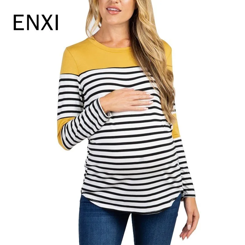 

ENXI Maternity T Shirts Long Casual Pregnancy Clothes For Pregnant Women Pregnant Patchwork Clothing Gravida Vestidos