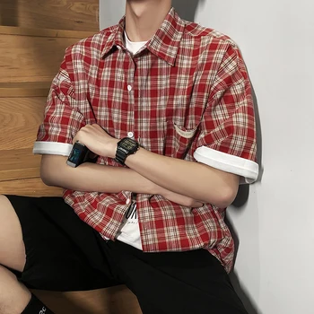 

Summer New Plaid Shirt Men Fashion Retro Casual Shirt Man Streetwear Trend Wild Loose Short-sleeved Shirt Male Clothes M-2XL