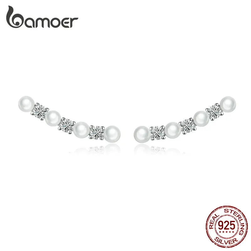 Женские длинные серьги-гвоздики BAMOER серебро белый жемчуг 925 пробы циркониевые