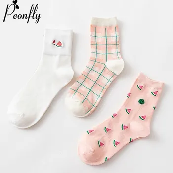 

PEONFLY Autumn Winter Woman Cotton Socks Fruits Embroidery Cute Watermelon Pattern Fashion Lattice Printing Short Socks Female