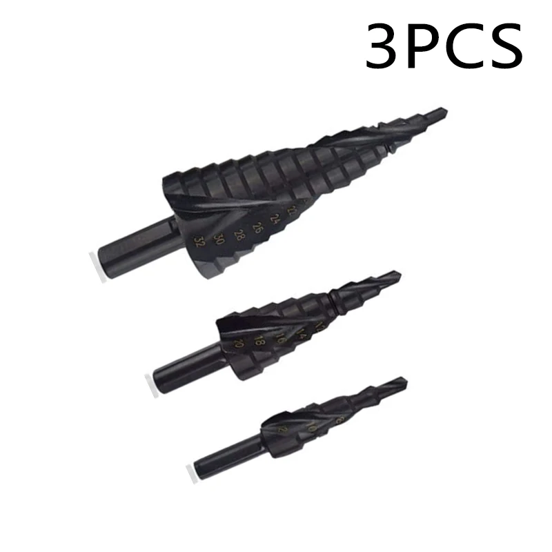 

4- 32mm Titanium Step Spiral Groove Conical Cone Drill HSS Bit Set Hole Cutter