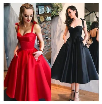 

Red Prom Dresses 2019 Spaghetti Straps Black Homecoming Dresses With Pockets A Line Graduation Knee Length Party Gowns