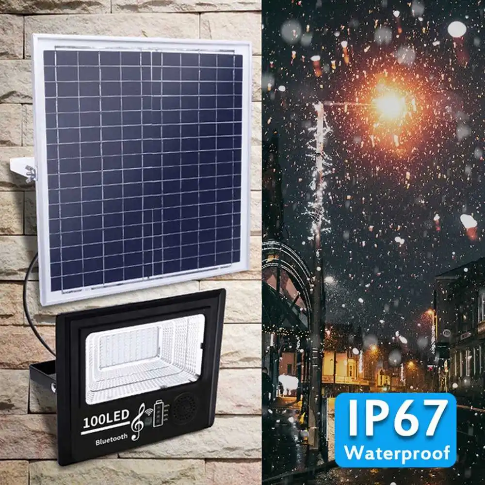 

CLAITE 50W Solar 100 LED Music Flood Light with Remote Control Dimmable bluetooth Speaker IP67 Waterproof Outdoor Flood Light