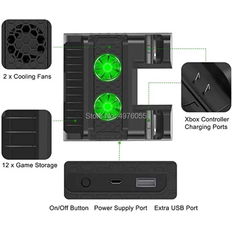 Для Xbox ONE/One S/One X вертикальная подставка для зарядки охлаждающий вентилятор с 2 батареями 600 мАч держатели для CD дисков 3 в 1