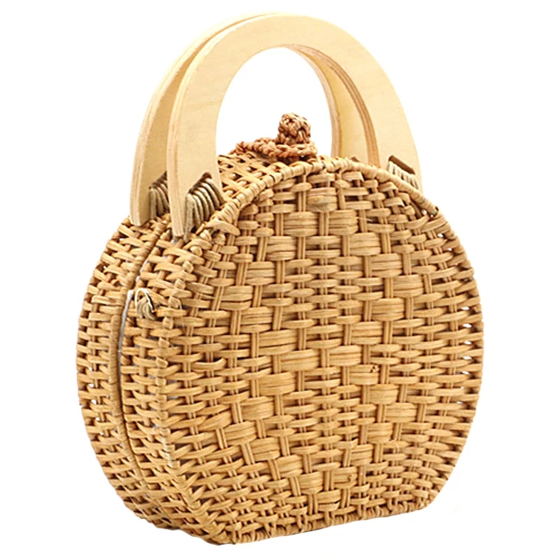 

NEW-Woman Fashion Wooden Handle Rattan Knit Bag New Straw Bag Shoulder Messenger Bag(Camel)