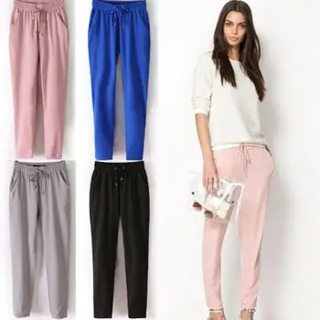 

Womens Solid Color Elastic Drawstring Harem Pants Straight Legs Casual Trousers