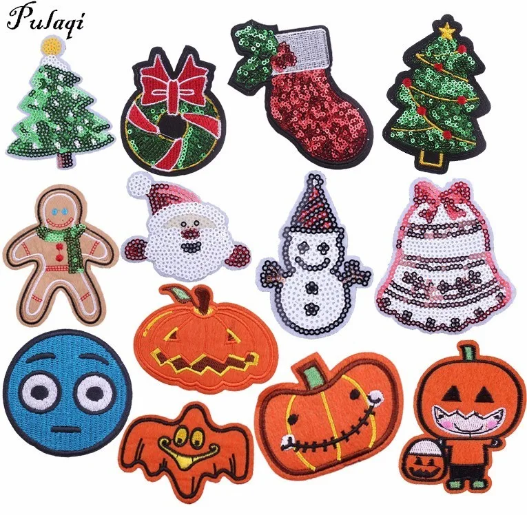 

Pulaqi Christmas Halloween Iron-on Patches Embroidered Sewing Applique For Clothes Apparel DIY Christmas Tree Pumpkin Badges H
