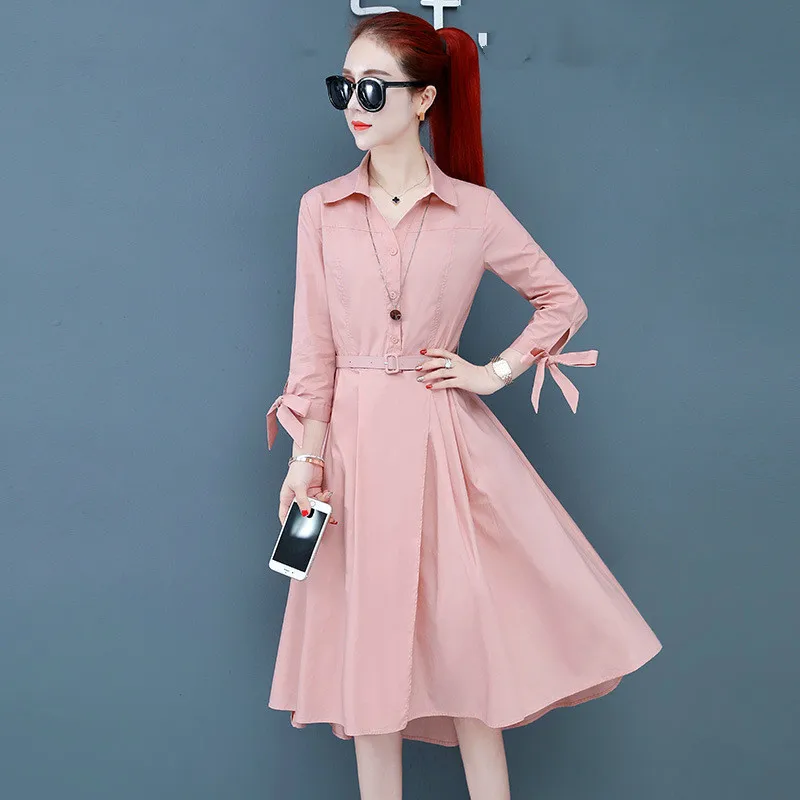 

Fashion Solid Color Shirt Dress 2019 Women Spring Summer 3/4 Sleeve A-line Dresses Elegant Femme Vestidos