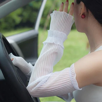 

Women Arm Warmers Pleated Yarn Long New Breathable Sunscreen Driving Arm Sleeve Fingerless Gloves lace glove Solid White Sport