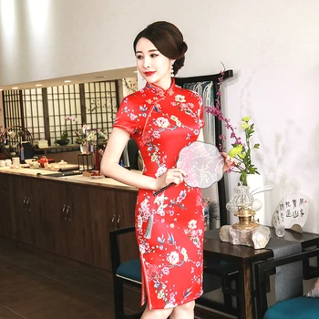 

Sheng Coco Short Chinese Dress Women Red Sexy Chinese Cheongsam Dresses Daily Improvement Printing Qipao Short Silk Flower S-4XL