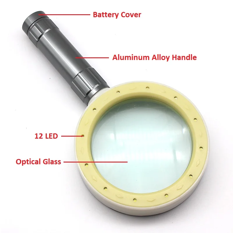 10X Handheld Magnifier Illuminated Magnifying Glass Jewelry Loupe w/ 12 LED Optical Glass Lens Magnifier f/ Antique Appreciation