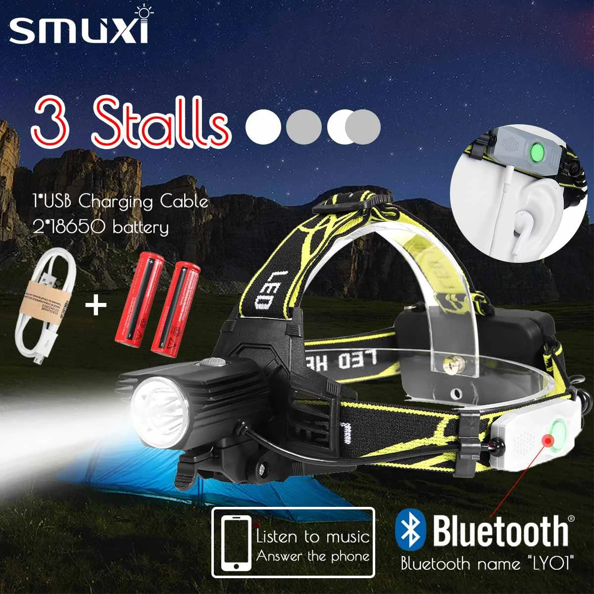

USB Rechargeable Headlight 30000lm T6 LED Head Lamp Bluetooth Music Flashlight Torch Headlamp Use 18650 Battery For Camping
