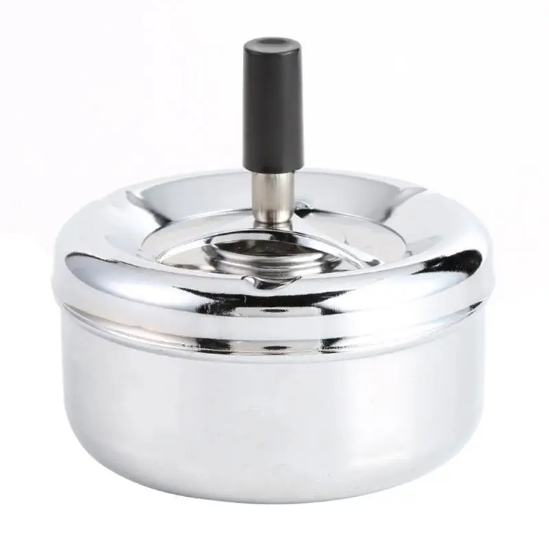 

Stainless Steel Housewares Spinning With Cover 13 cm Round Push Down Cigarette Ashtray with Spinning Tray Holder