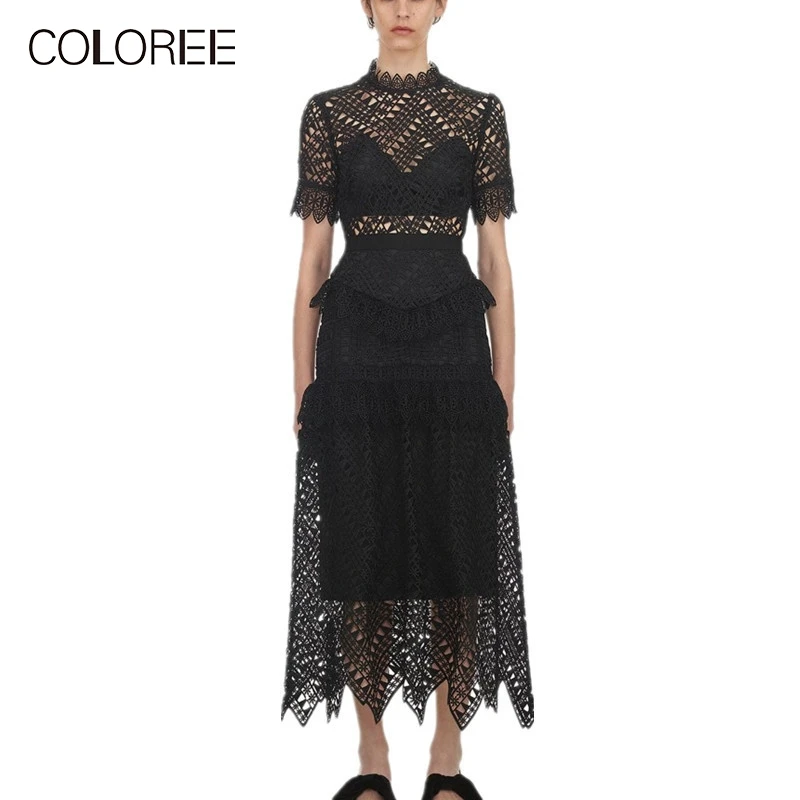 2018 Winter Nieuwe collectie Zwarte Kant Korte Mouwen Party Jurken Womens Vintage Maxi Lange Zelfportret Jurken Vestidos 2018 Winter Nieuwe collectie Zwarte Kant Korte Mouwen Party Jurken Womens Vintage Maxi Lange Zelfportret Jurken Vestidos