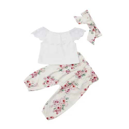 Baby Tops Shirt Lace Pants Headbands 3pcs Outfits Clothes Set Newborn Baby Girls Clothing Short Sleeve 0-24M