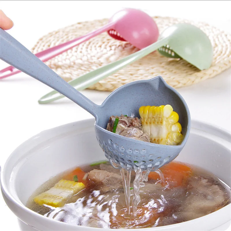 

2 in 1 Long Handle Wheat Straw Soup Spoon Creative Cute Porridge Spoons with Filter Dinnerware Kitchen Colander Tools