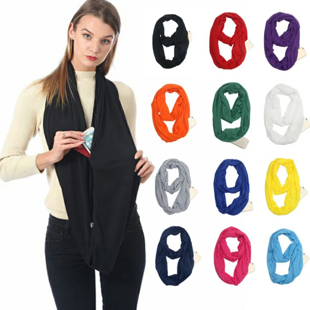 

2018 New Arrivals Portable Women Scarf with Zipper Pocket Infinity Winter Scarf Soft Warm Convertible Travel Journey Scarves