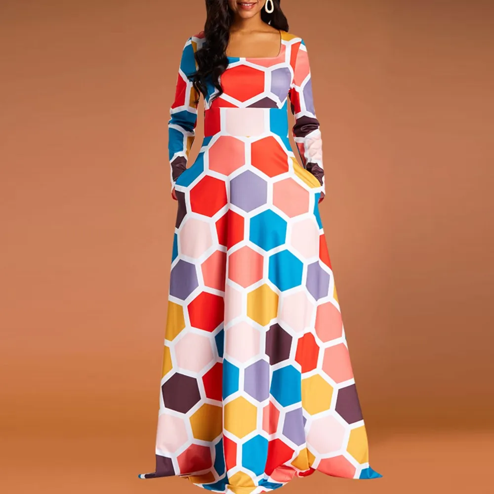 

Women Long Dress Elegant Robe Geometric Print Elastic Casual Fashion Color Block Square Neck A Line Party Ladies Autumn Dresses