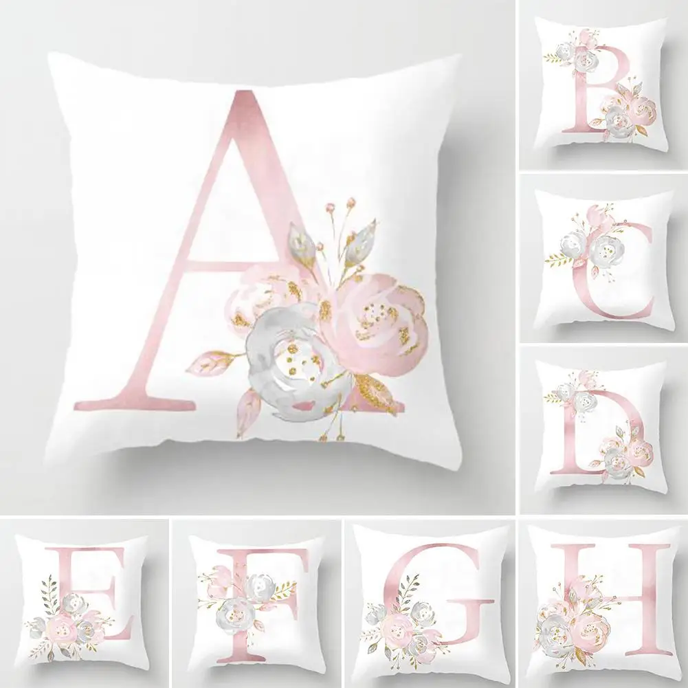 

English Alphabet Floral Print Pillow Case Waist Cushion Cover Wedding Bed Decor Pillow Covers