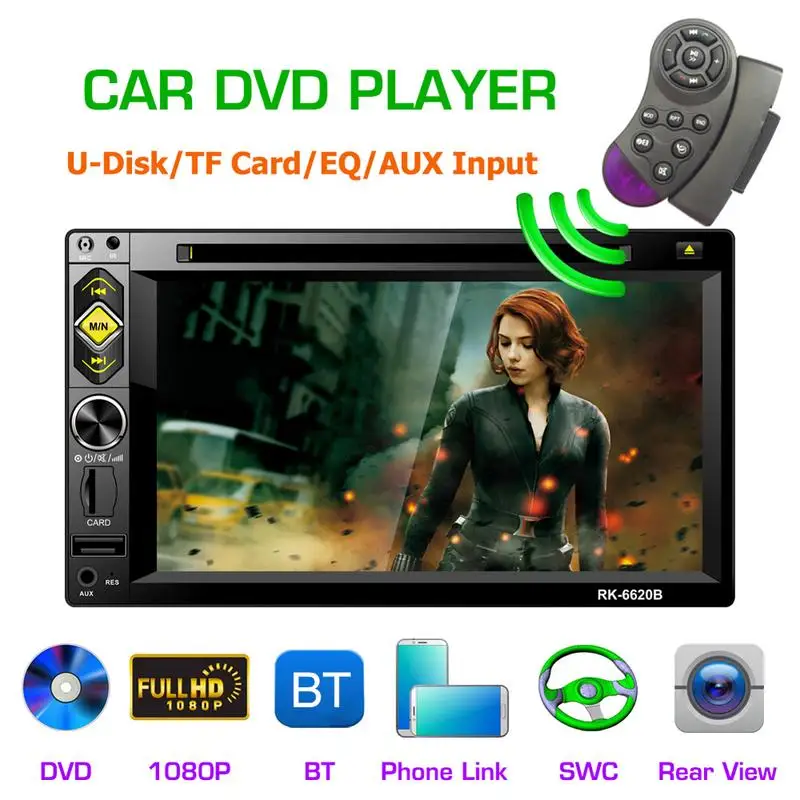 

Universal Full HD1080P 6.2-inch 2DIN Car Multimedia CD DVD Player Steering Wheel Control FM Radio Bluetooth Hands-free Calls