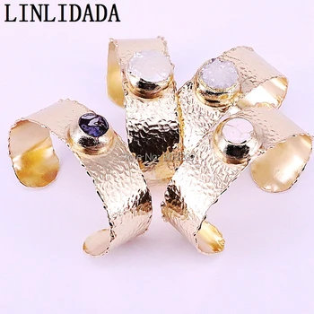 

5Pcs Natural freshwater pearl //shell/stones bangles Metal Plated Gold charm cuff bangles