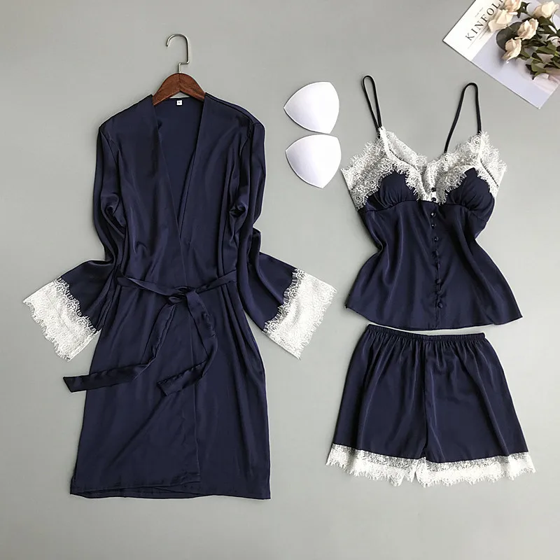 Lisacmvpnel 3 Pcs Ice Silk Robe Set Lace Sexy Bathrobe Spaghetti Strap With Chest Pad Nightdress+Robe+Shorts Pyjama For Women