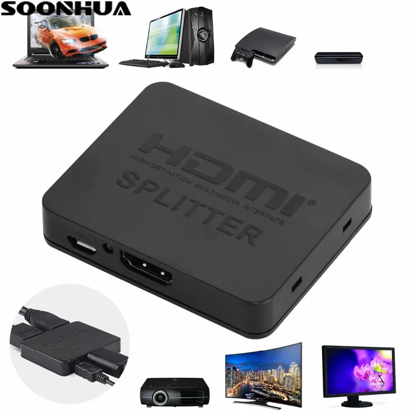 

SOONHUA 3D Full HD 4k HDMI Splitter 1 in 2 Out Repeater Amplifier Connect 2 TVs Support Blue-ray Display For HDTV DVD PS3