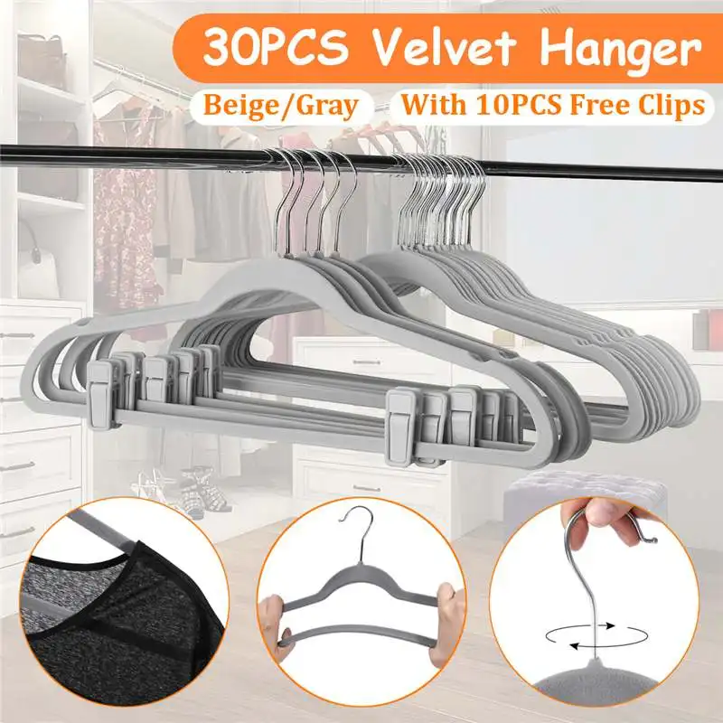 

New 30PCS Non-Slip Velvet Hangers with10PCS Clips To Hold Shirts Dress Blouses Camisoles All kinds of clothes Dark grey/Beige