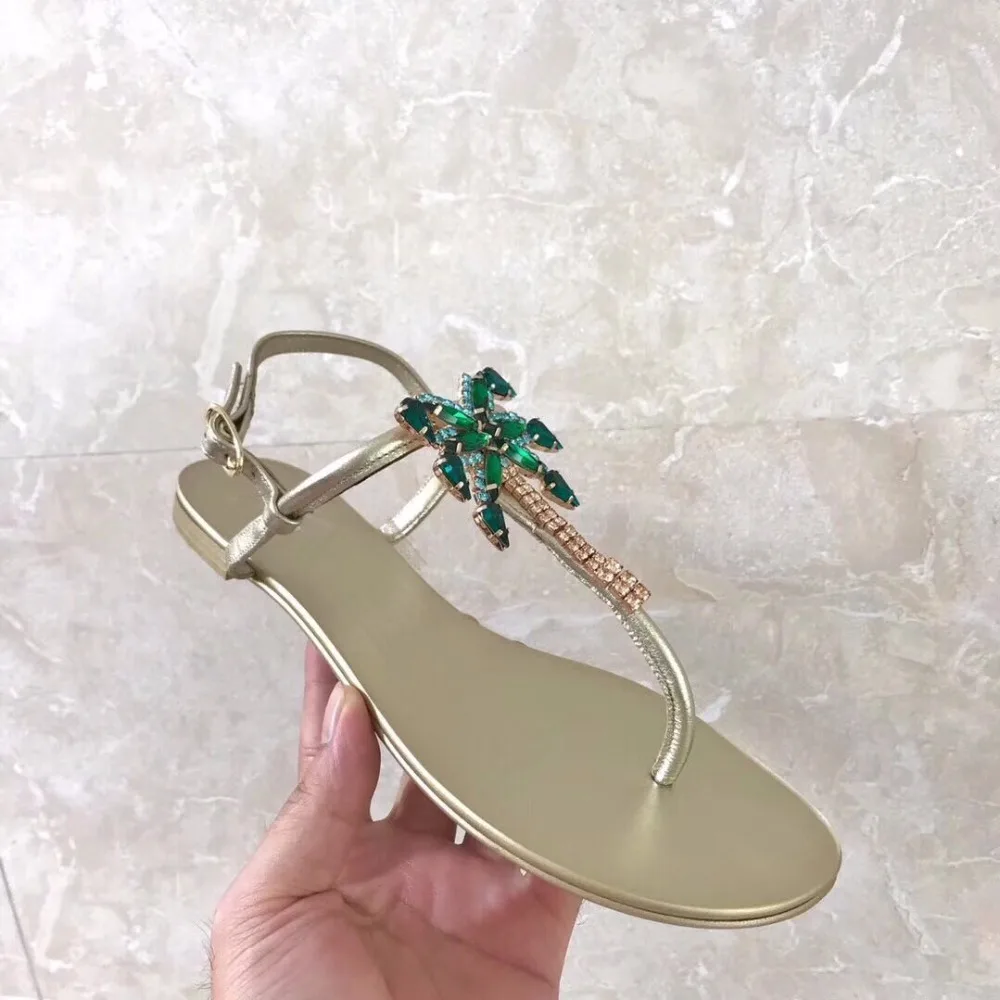 

2018 Hot Summer Shoes Woman Sandals Fashion Street Beach Tree Crystal Metal Decoration Sandwich Toes Buckle Strap Sandals Woman
