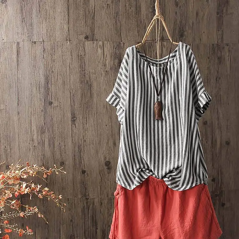 ZANZEA 2019 الصيف المرأة س الرقبة قصيرة الأكمام مخطط قميص عارضة خمر بلوزة السيدات العمل OL Blusas قميص فضفاض أعلى تونك