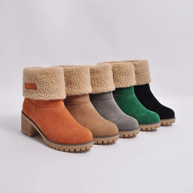 

Winter Boots Women Warm Snow Fur Boots Suede Flock Square Heel Fashion Ankle Boots Zipper Black Motorcycle Boots Green Botas Muj