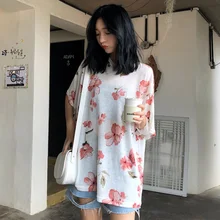 Высокое качество небольшой свежий новая летняя женская одежда модный тренд темперамент цветочный принт тонкие простые футболки топы