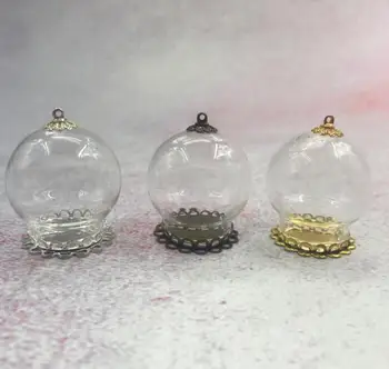 

100pcs/lot 30x20mm Hollow round glass globe with setting double base beads cap set orb glass vials pendant wish glass bottles