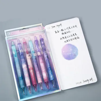 

EZONE 6PCS/Set Spring Press Roller Pen Night Sky Theme Quick-drying Gel Pen Black Ink Students Writing Pen Office School Supply