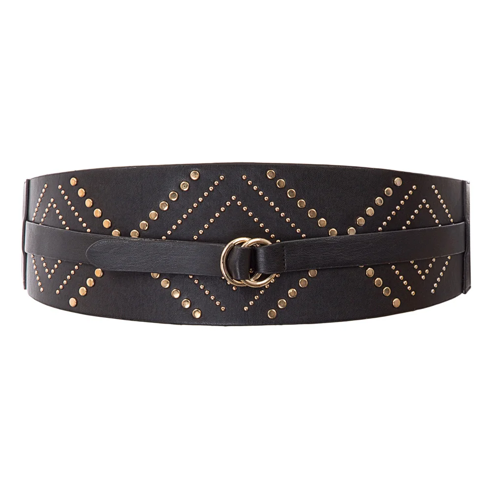 

Women Ladies belts vintage party evening black/brown Flat Studs Decorated Polyurethane Leather belts Elastic Waist Belt
