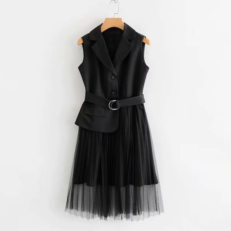 

#0733 Summer Spliced Mesh Office Vest Waistcoat For Women Adjustable Waist Office Long Suit Vest Sleeveless Jacket Female Black