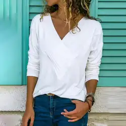 Фирменная Новинка для женщин основной черный, белый цвет рубашка демисезонный с длинным рукавом V образным вырезом Плиссированные спереди