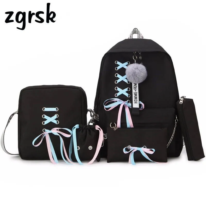 

Ribbon Fashion Women Backpack Large Capacity Waterproof Canvas Shoulder Bag Schoolbag For Teenagers Girls Bookbag Mochilas