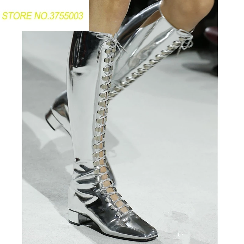 

New Soft Leather Women Boots Sexy Cuts out Knee High Square Toe Boots Runway Outfit Gladiator Party Dress Shoes Zapatos de Mujer