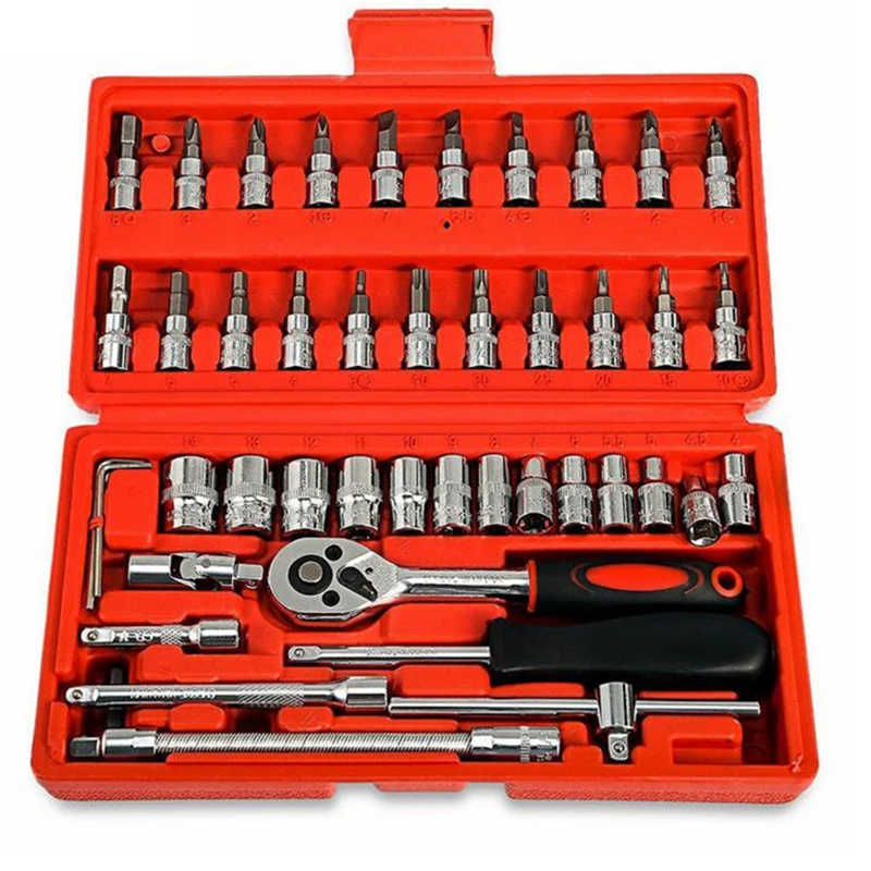 

46pcs/Set Car Repair Tool Kit Bit Sockets Wrench Home Mechanics Tools w/ Box