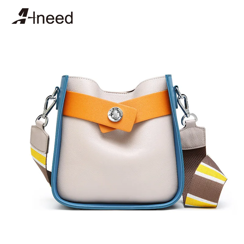 

ALNEED Genuine Leather Bucket Bag for Women 2018 Fashion Handbag Cow Leather Shoulder Bags Luxury Panelled Top Handle Bags Tote