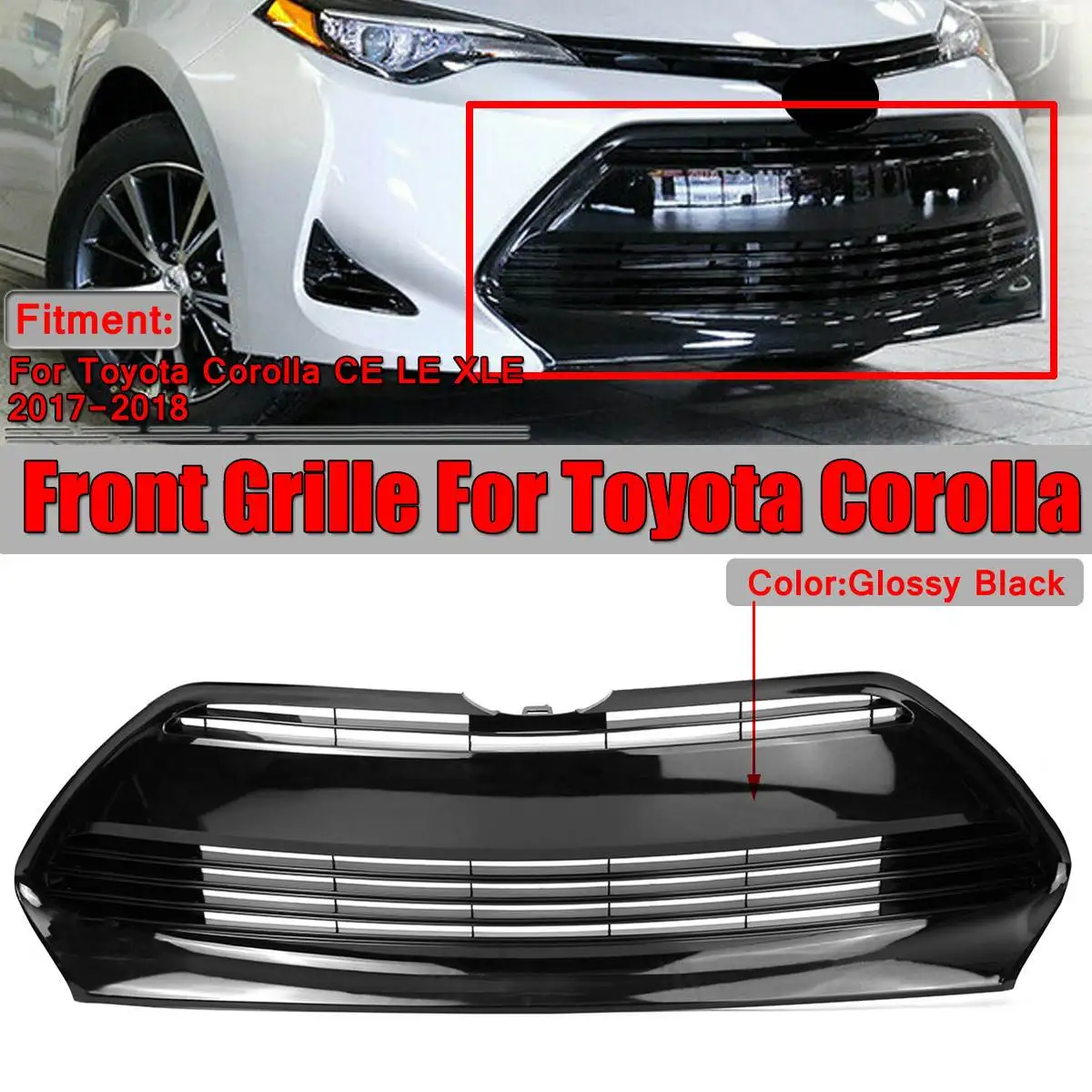 

Glossy Black Car Front Bumper Grille Grill For Toyota For Corolla CE L E LE ECO XLE Style 2017-2019 Without Emblem
