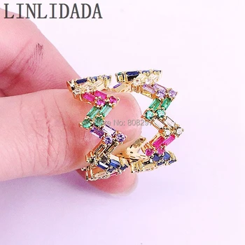 

5Pcs 2019 delicate cz jewelry Gold filled paved multi color rainbow cz stack wave finger rings for party wedding gift