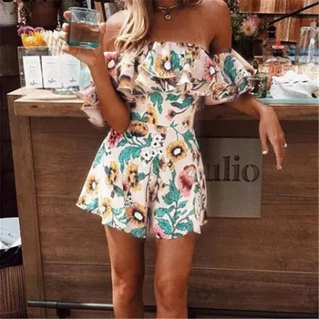 

Stylish Ladies Summer Floral Jumpsuit One-Piece Collars Shoulder Drop Ruffles Fitted Jumpsuit Sexy Printed High-Waist Jumpsuit