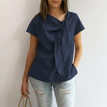 2019 Summer Vintage Ribbon Blouses Women O-Neck Short Sleeve Linen Shirt Female Casual Solid  Loose Tops Plus Size 4XL 5XL 6XL