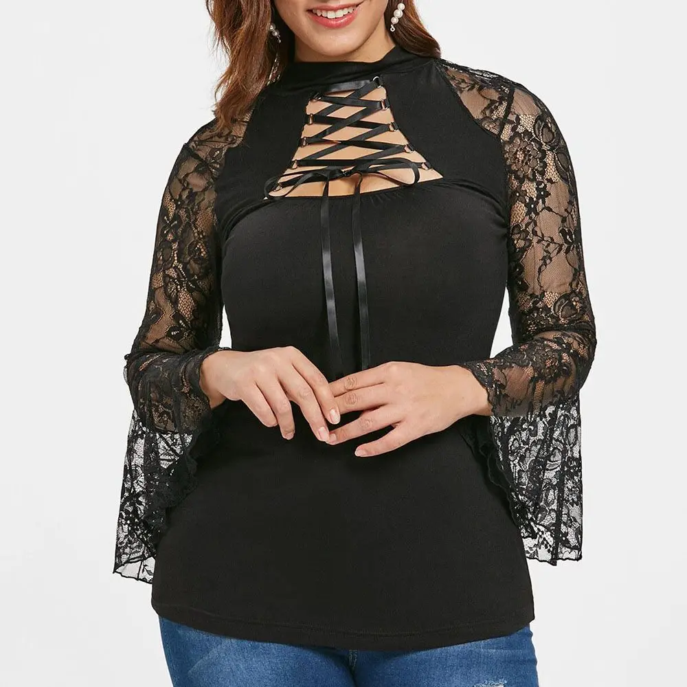 Women Casual Top Blouse Solid Black Plus Size 5XL Nine