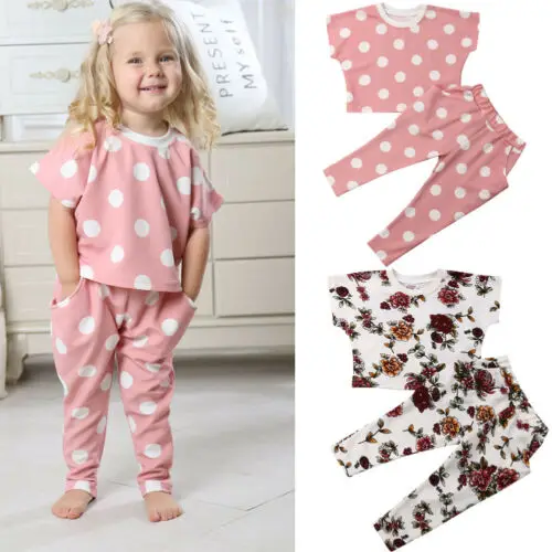 

New Arrivels Toddler Baby Girl Floral/Dot Top Long Pants Loose Summer Outfits Set Clothes
