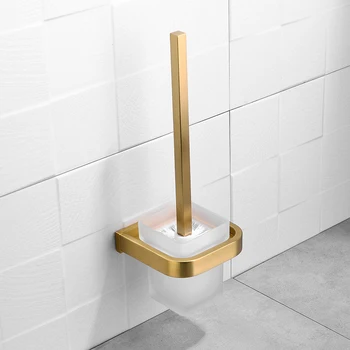 

Square Toilet Brush Holder Brushed Gold Finish Bathroom Cleaning Holder Stainless Steel Holder with Glass Cup