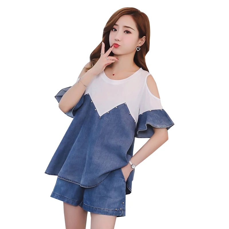 

2019 spring and summer fashion loose maternity clothes set short-sleeved shoulderless denim shirts+belly shorts twinset suits