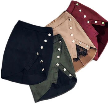 

New arrival Women High Waist Pencil Skirts metal button lace patchwork sexy Bodycon Suede Fabric split party casual Mini Skirt